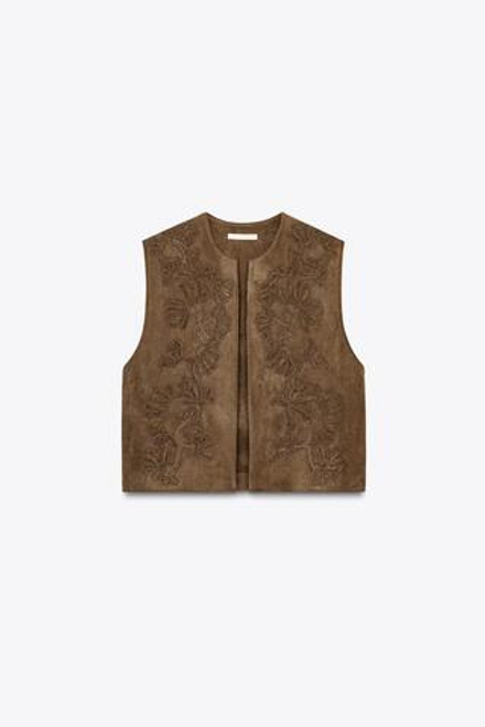 ZARA ЖИЛЕТ ИЗ ИСКУССТВЕННОЙ ЗАМШИ С ВЫШИВКОЙ, ТАБАЧНО-КОРИЧНЕВЫЙ