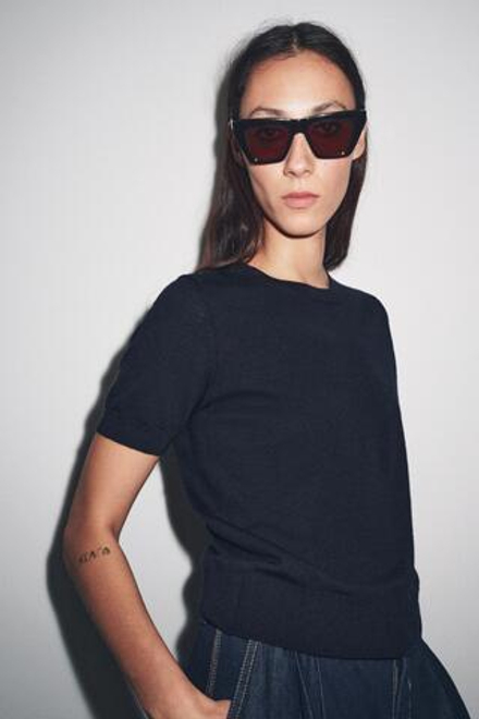 ZARA СВИТЕР ИЗ 100% ШЕРСТИ С КОРОТКИМИ РУКАВАМИ, МОРСКОЙ СИНИЙ