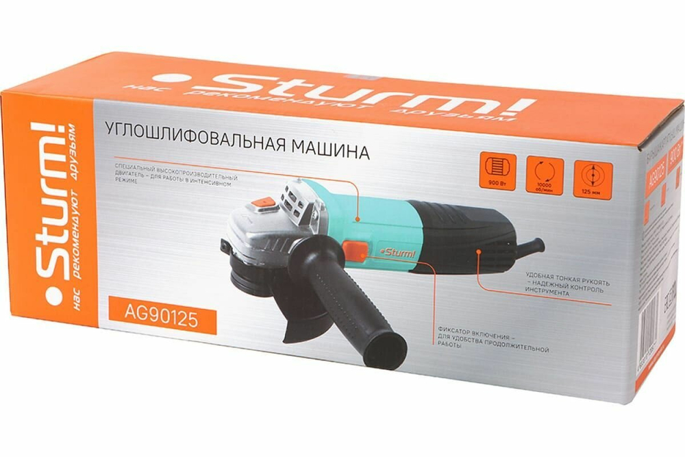 Машина углошлифовальная Sturm!, 125 мм, 900Вт, 10000об/мин, ТОНКАЯ РУКОЯТЬ, mod T(AG90125)