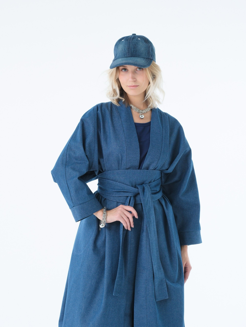 Кафтан /джинс / синий+ кушак