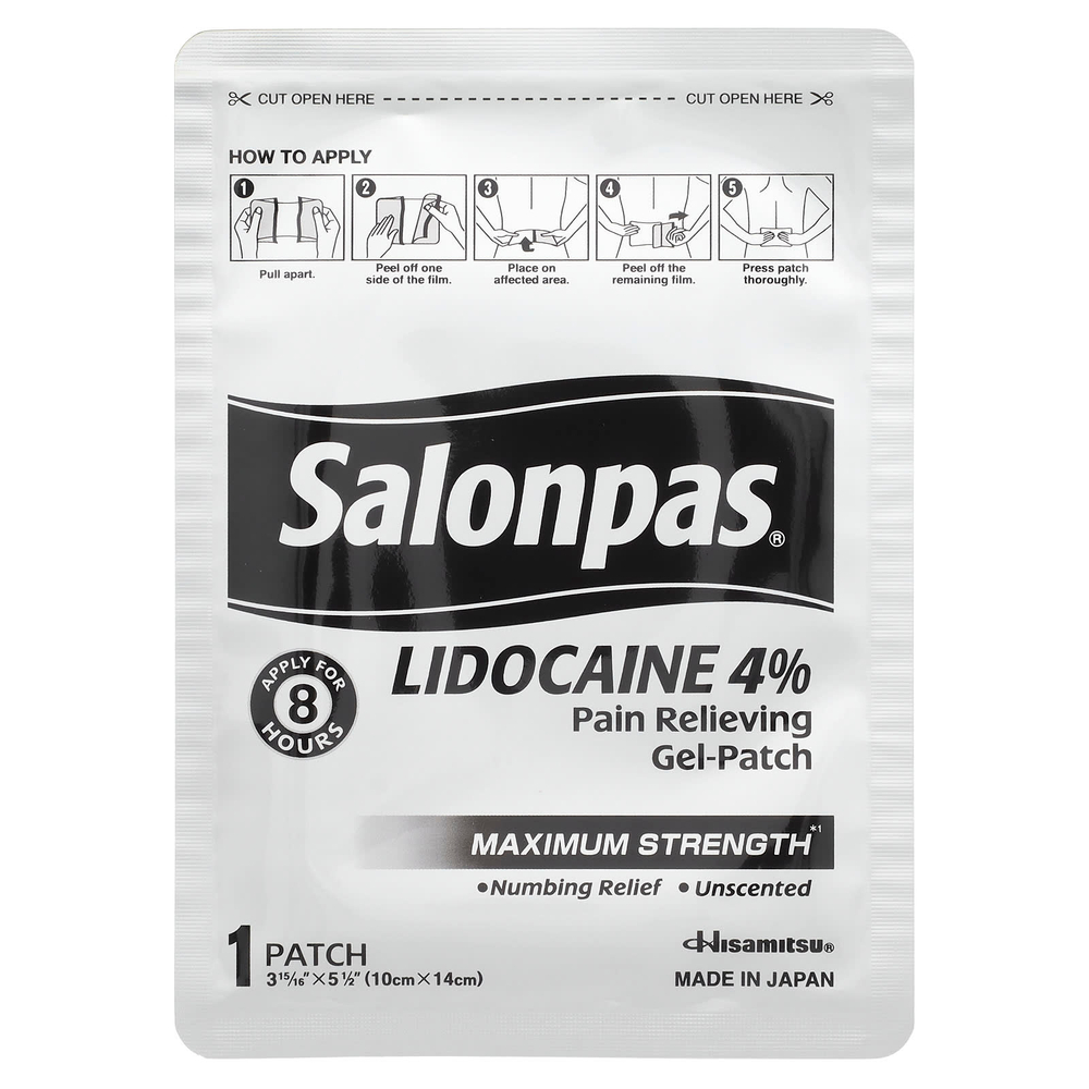Salonpas, обезболивающий гель-патч с лидокаином, 4%, максимальная сила действия, без запаха, 6 шт.