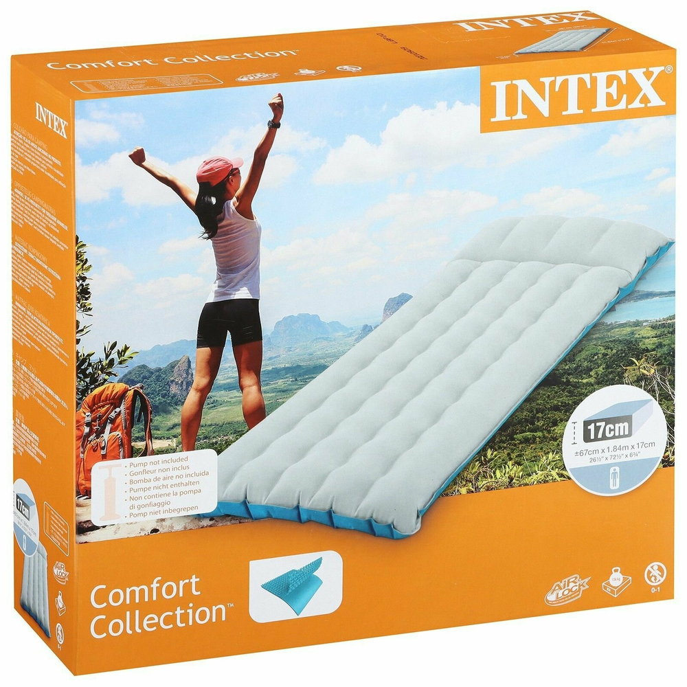 Мaтрас нaдувной Intex 67997 Camping Mat 184х67х17 см / Кoврик нaдувной Интeкс туристический велюровый в палатку для кемпинга и туризма