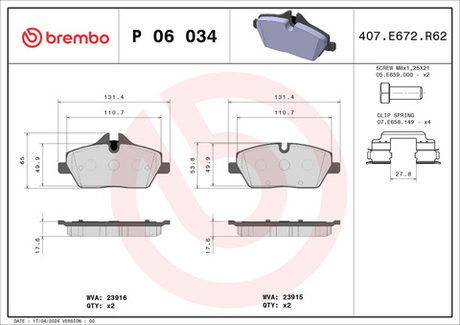 BREMBO - P06034-BRB - Brake Pad Set, disc brake