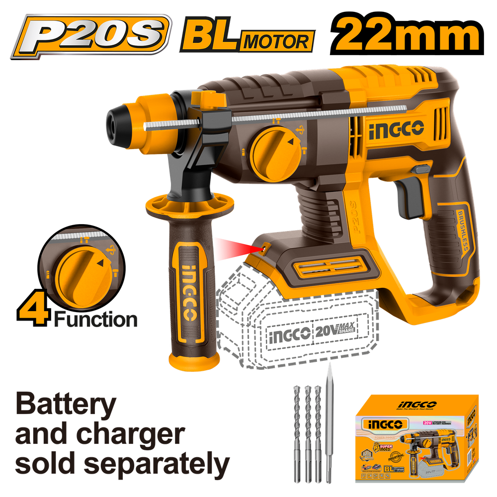 Аккумуляторный бесщеточный перфоратор SDS-Plus INGCO CRHLI20208 INDUSTRIAL 20 В 2 Дж