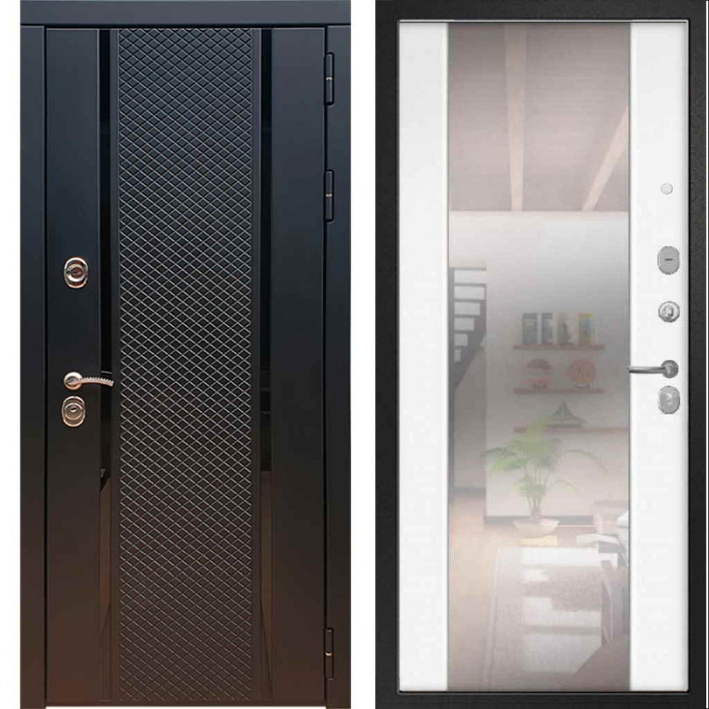 Входная металлическая дверь с зеркалом RеX (РЕКС) 25 кварц черный, фурнитура хром/ СБ-16 cилк сноу