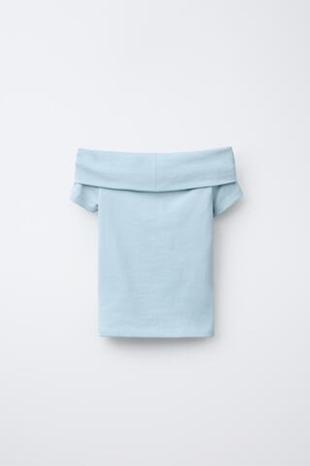 ZARA ТОП С ОТКРЫТЫМИ ПЛЕЧАМИ И ЗАКЛЕПКАМИ, СИНИЙ