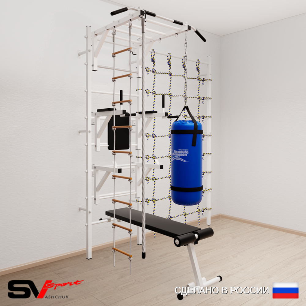 Шведская стенка Sv Sport усиленная 66510 (Турник рукоход/Брусья/Стойка/Скамья/Канат/Лестница/Цепь/Мешок 15кг/Канатный лаз)