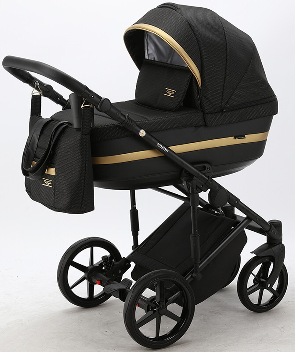 Детская коляска Adamex Rimini 2 в 1 RI24-LUX ЧЕРН+БЛЕСТКИ+ЧЕРН.КОЖА+ЗОЛОТО.ОТДЕЛКА