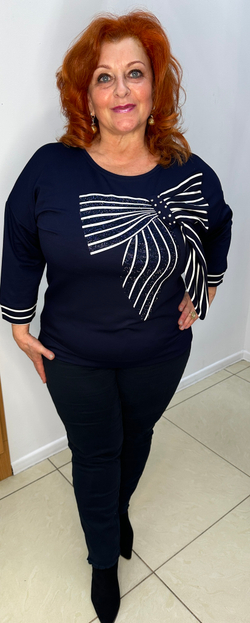 Темно-синий нарядный блузон с белым полосатым бантом