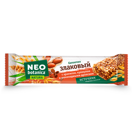 Батончик злаковый Neo Botanica с арахисом,кунжутом и шоколадными дропсами  29 гр