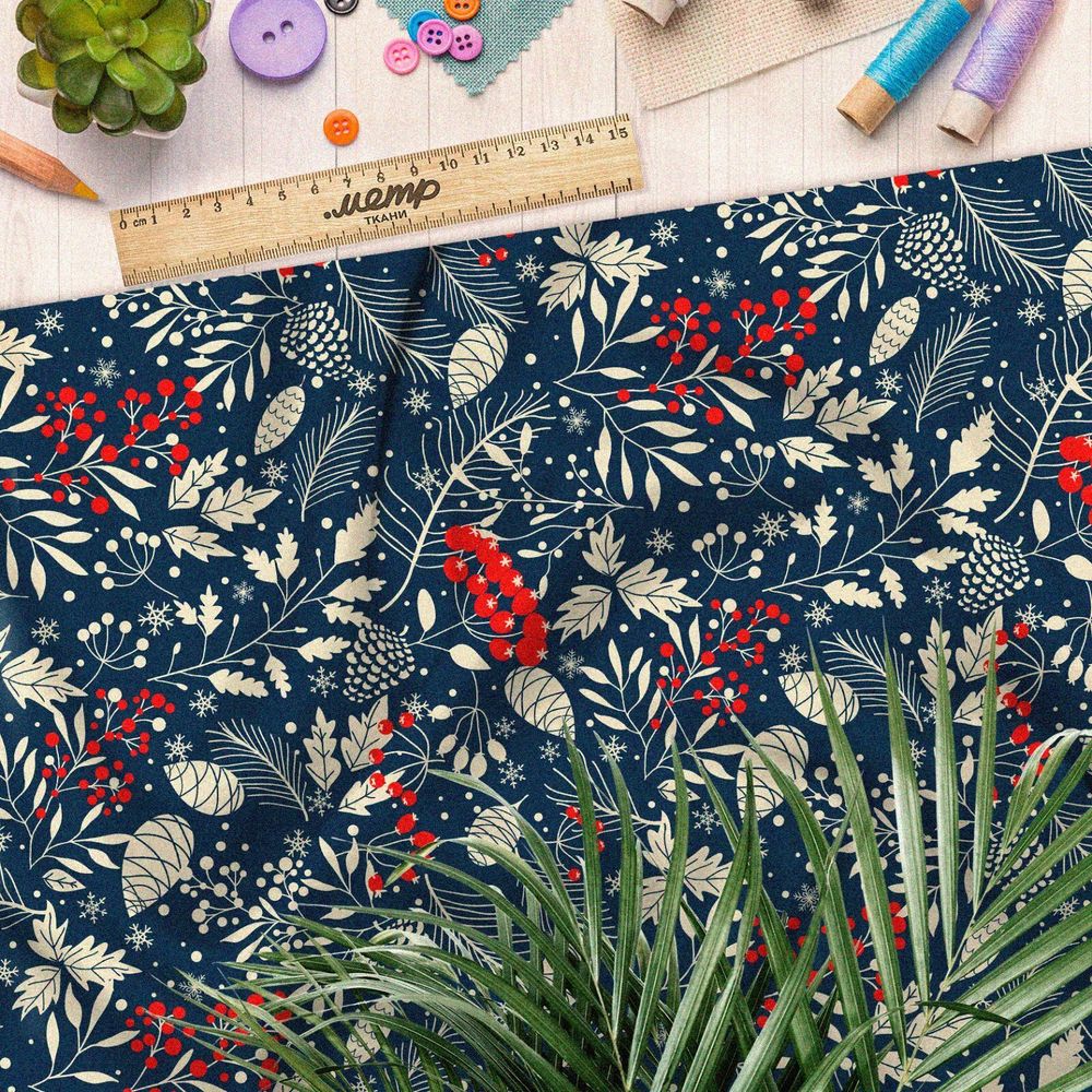 Ткань бифлекс рябина с заснеженными листьями