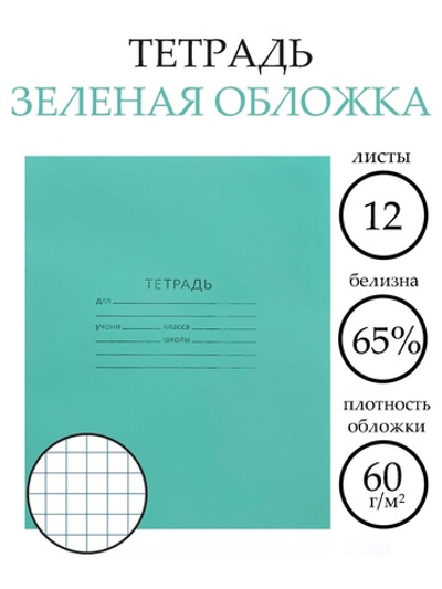 Тетрадь 12 листов в клетку «Зелёная обложка»