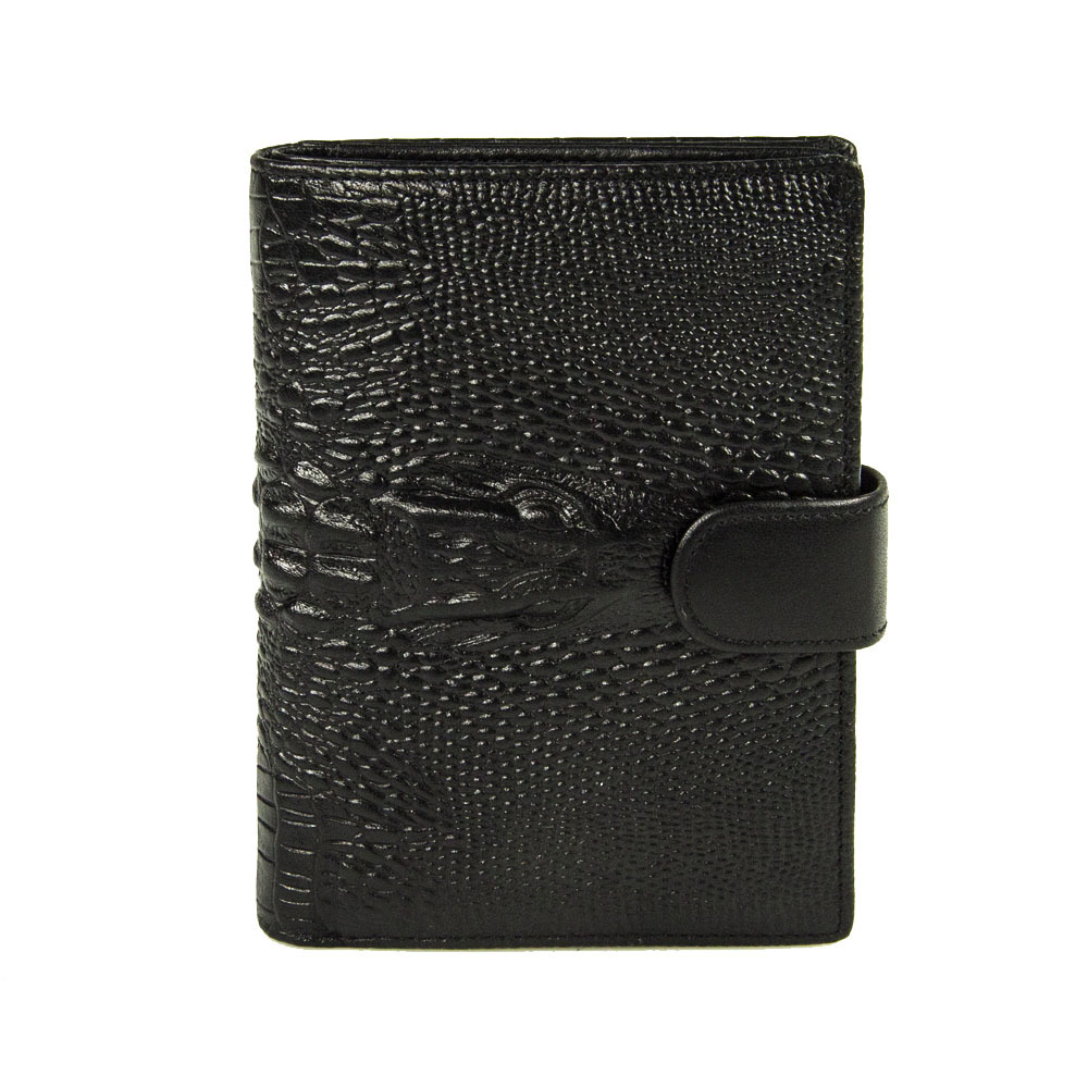 Стильное мужское чёрное портмоне книжка 3в1 под крокодила 14х10 см с отделением для авто документов и паспорта из натуральной кожи Dublecity 121-DC001-08A в подарочной коробке