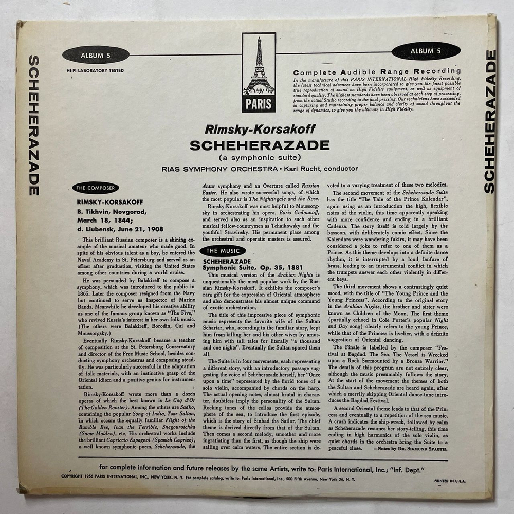 Винтажная виниловая пластинка LP Римский Корсаков Шахеразада Rimsky Korsakoff Scheherazade (USA 1957)