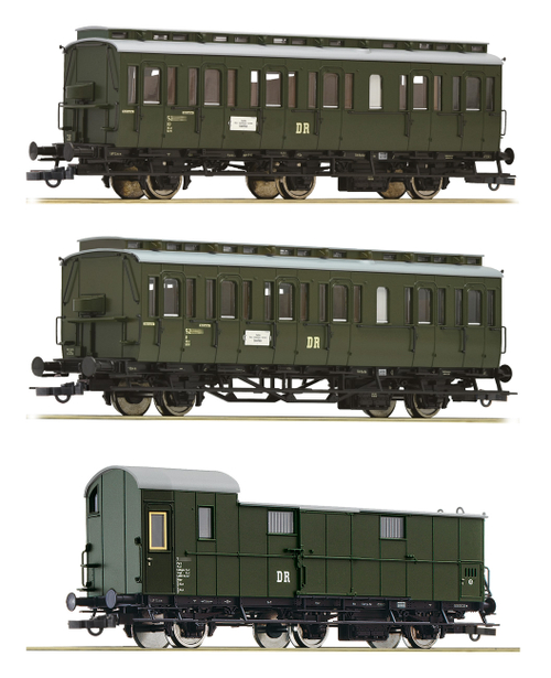 Набор 2 пассажирских + багажный вагон, DR, III