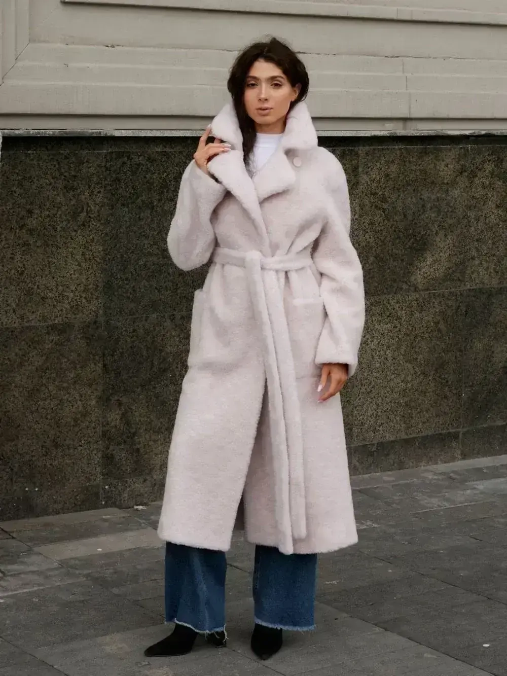 Шуба чебурашка пальто тедди из шерсти, жемчужная, SilverFox