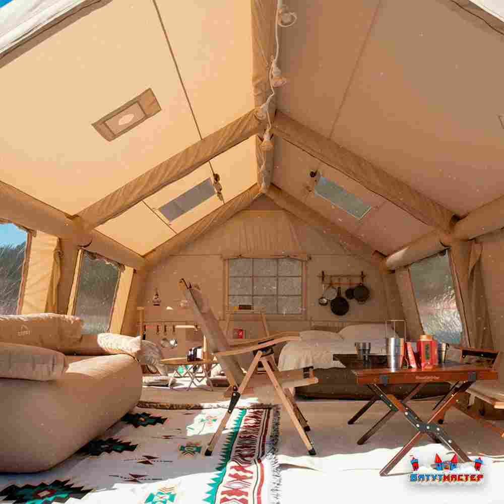 Пневмокаркасная всесезонная палатка «Тёплая Искра» 3,6×4,8×2,2 м — с печкой, из ПВХ, бежевая