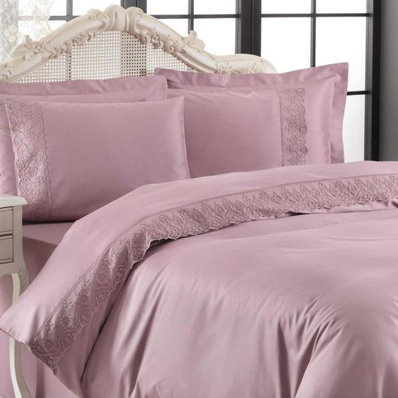 Постельное белье Lina (фиолетовое) с кружевом  deluxe TIVOLYO HOME Турция