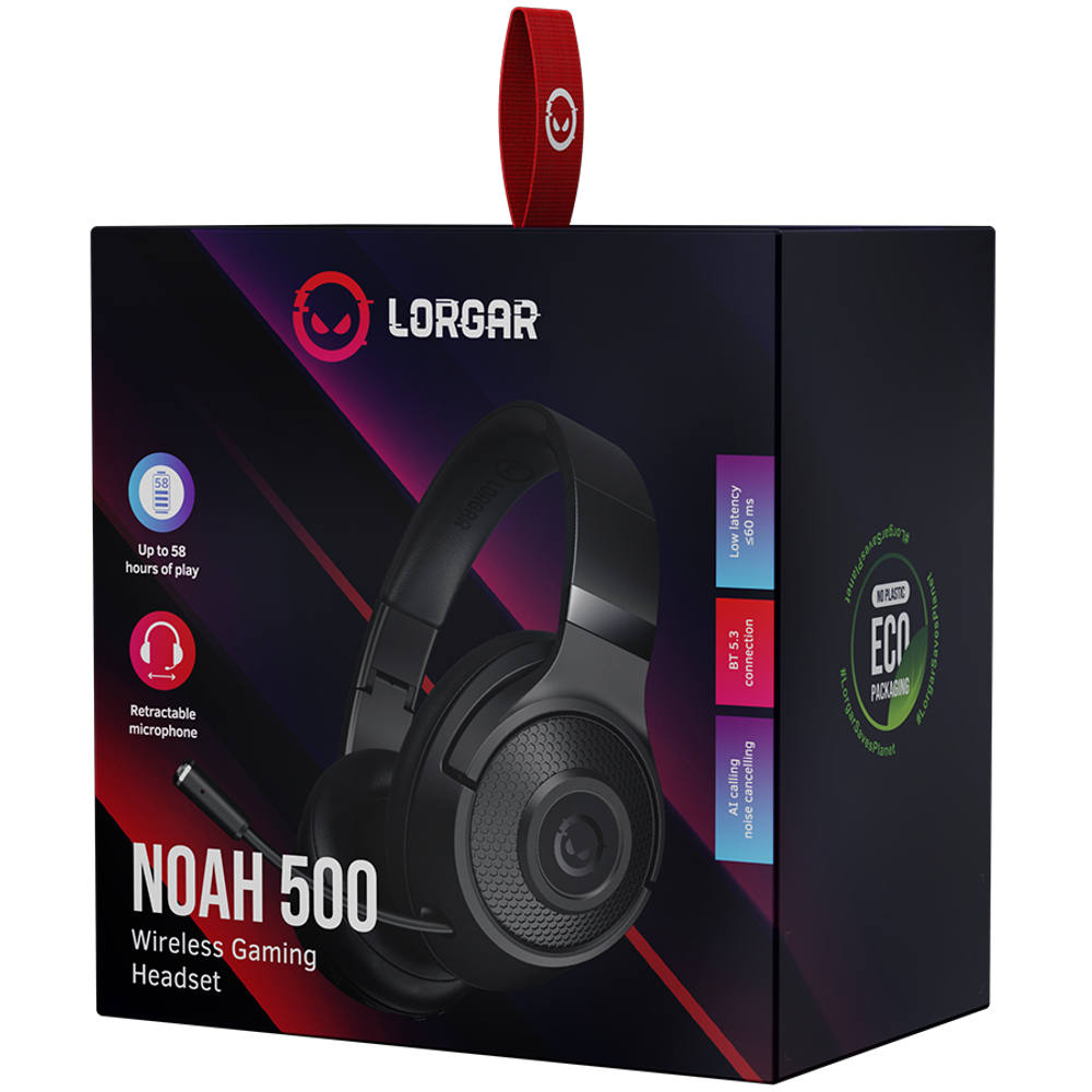 LORGAR Noah 500, Wireless Gaming headset with microphone, JL7006, BT 5.3, battery life up to 58 h (1000mAh), USB (C) charging cable (0.8m), 3.5 mm AUX cable (1.5m), size: 195*185*80mm, 0.24kg, black