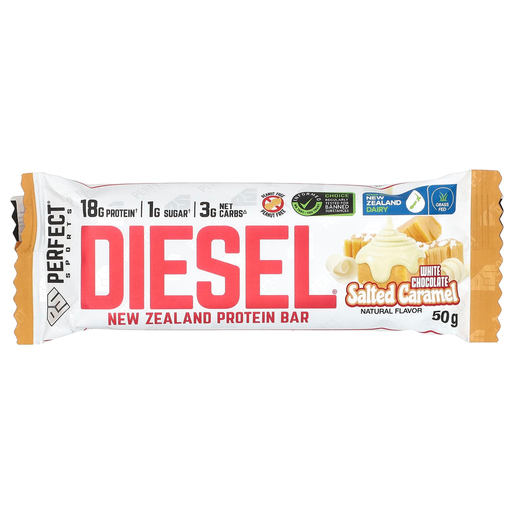 PERFECT Sports, Diesel, новозеландский протеиновый батончик, белый шоколад с соленой карамелью, 12 батончиков по 50 г