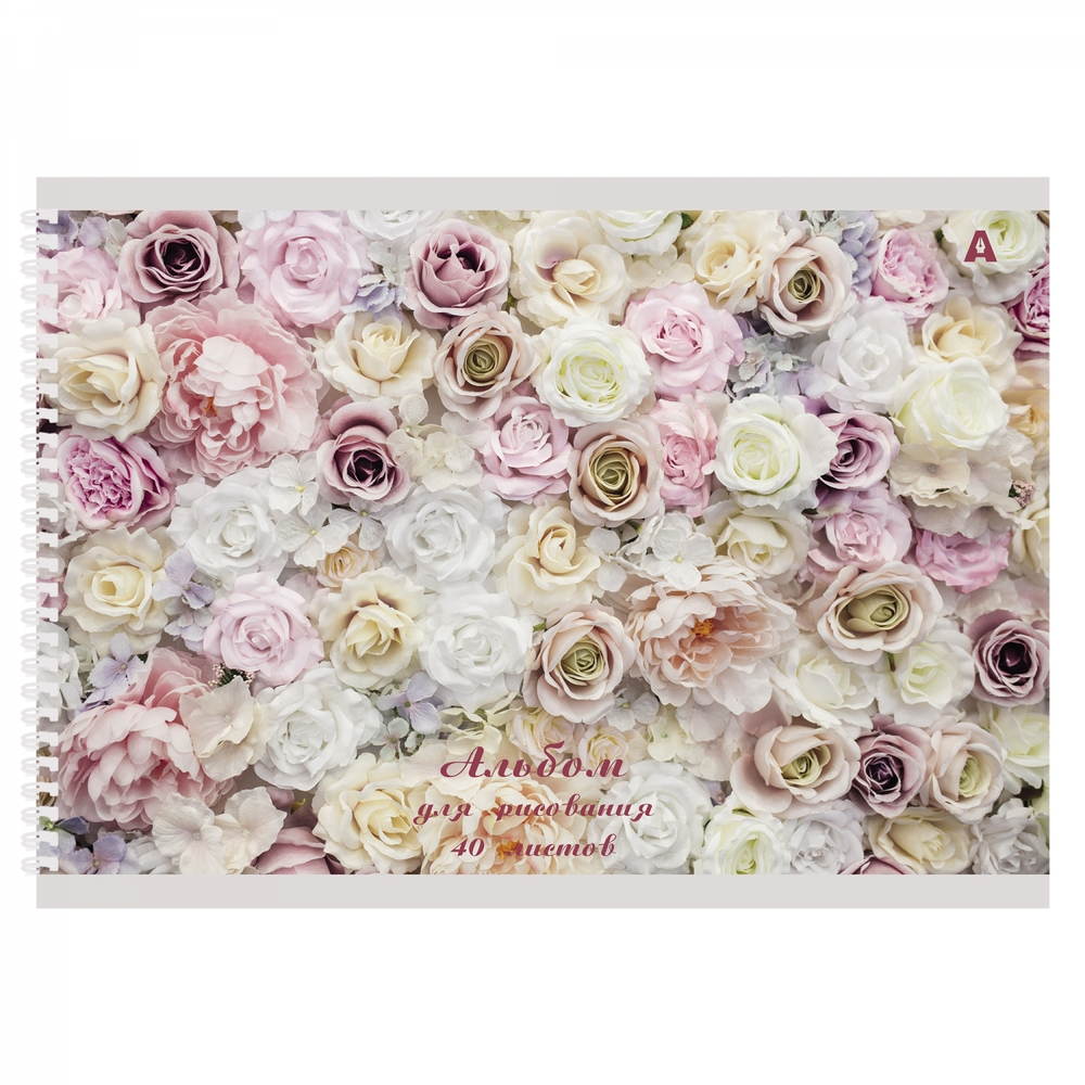Альбом для рисования А4 40л, Alingar, гребень, мелованный картон(стандарт) 210г/м2, офсет 100 г/м2,, "Нежные цветы", 1 дизайн в пленке т/у