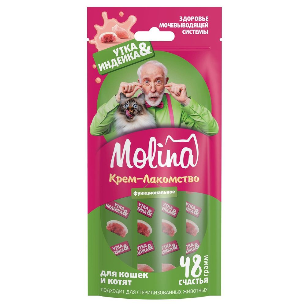 Лакомство для кошек Molina 48г Крем-пюре с уткой и индейкой для взрослых кошек. Здоровье мочевыводящей системы
