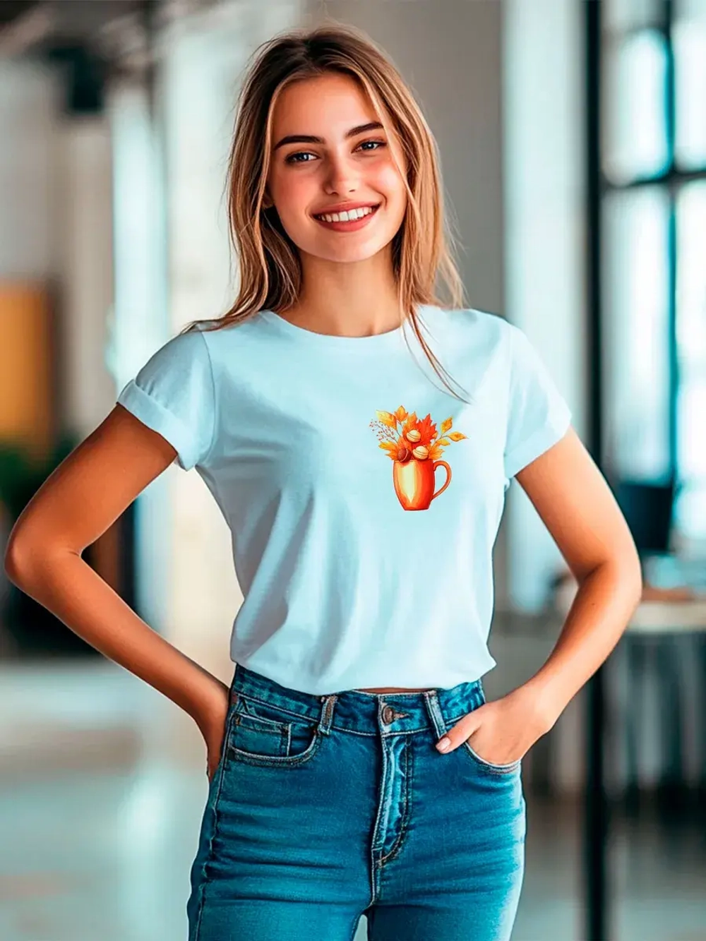 Футболка больших размеров с принтом кружка с листьями