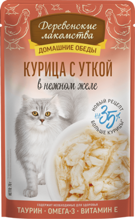 Консервы Деревенские лакомства для кошек "Домашние обеды" курица с уткой в нежном желе -70 гр