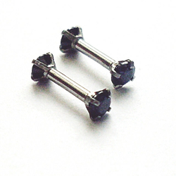 Штанга с двумя черными кристаллами для пирсинга хряща уха. Медицинская сталь. Горный хрусталь.