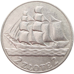 2 злотых. 15 лет морскому порту Гдыня. Парусник. Польша. 1936 год. aUNC
