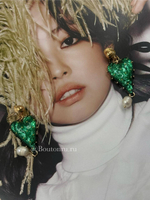 Серьги в форме "Сердца" зеленые с подвесками из натурального жемчуга