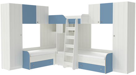 Трехместная кровать КарИВи Трио 3 Белое Дерево Светло-синий, голубой