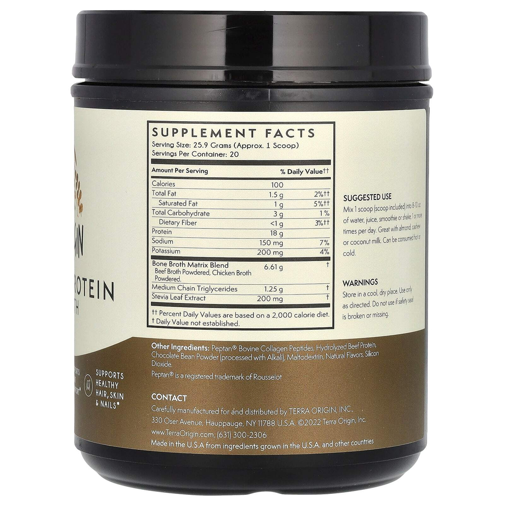 Terra Origin, Bone Broth с коллагеном и протеином, шоколад, 518 г (18,27 унции)