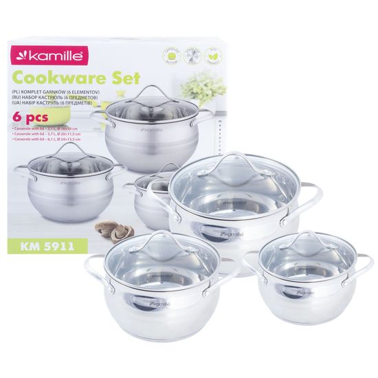 Набор кастрюль 6 предметов из нержавеющей стали Kamille KM-5911 (2,1 л; 3,7 л; 6,1 л.)