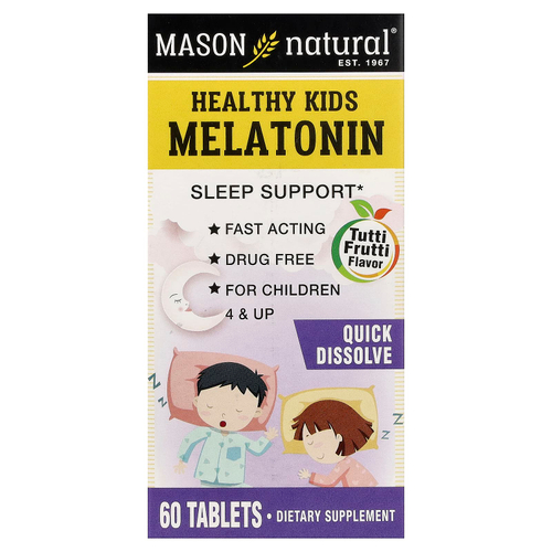 Mason Natural, мелатонин для детей от 4 лет, с фруктовым вкусом, 60 таблеток (500 мкг в 1 таблетке)