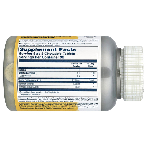 Solaray, Жевательные таблетки с кверцетином и бромелаином с витамином C, натуральный апельсин, 90 жевательных таблеток