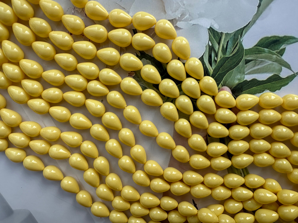 Нить бусин для украшений Капля 9,5х13,5мм, "Майорка-Сливочная" (имитация)