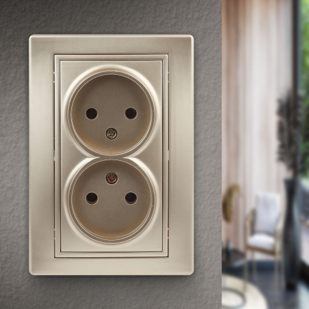 Розетка Intro Plano 1-204-04 без заземления двойная 2х2P, 16А-250В, IP20, СУ, Plano, шампань