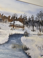 Картина авторская акварельная в паспарту 30х40 см на стену для интерьера "Зимний рассвет в Веребково"