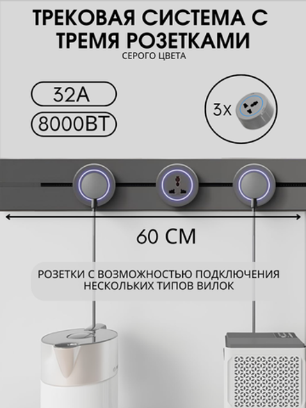 Трековая система серого цвета с универсальными розетками, металлическая шина 60 см + 3 штуки трек-ро
