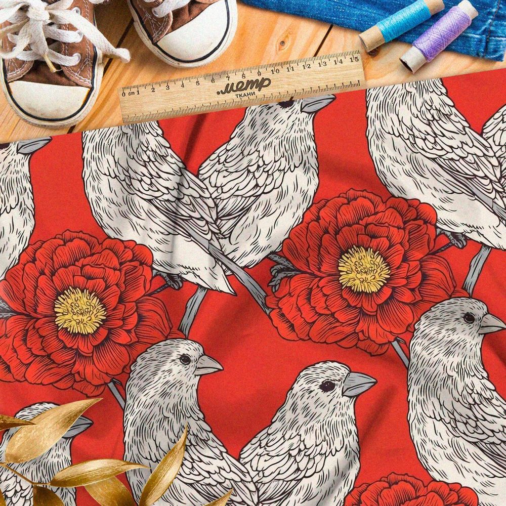 Ткань премиум дюспо белые птицы на красном