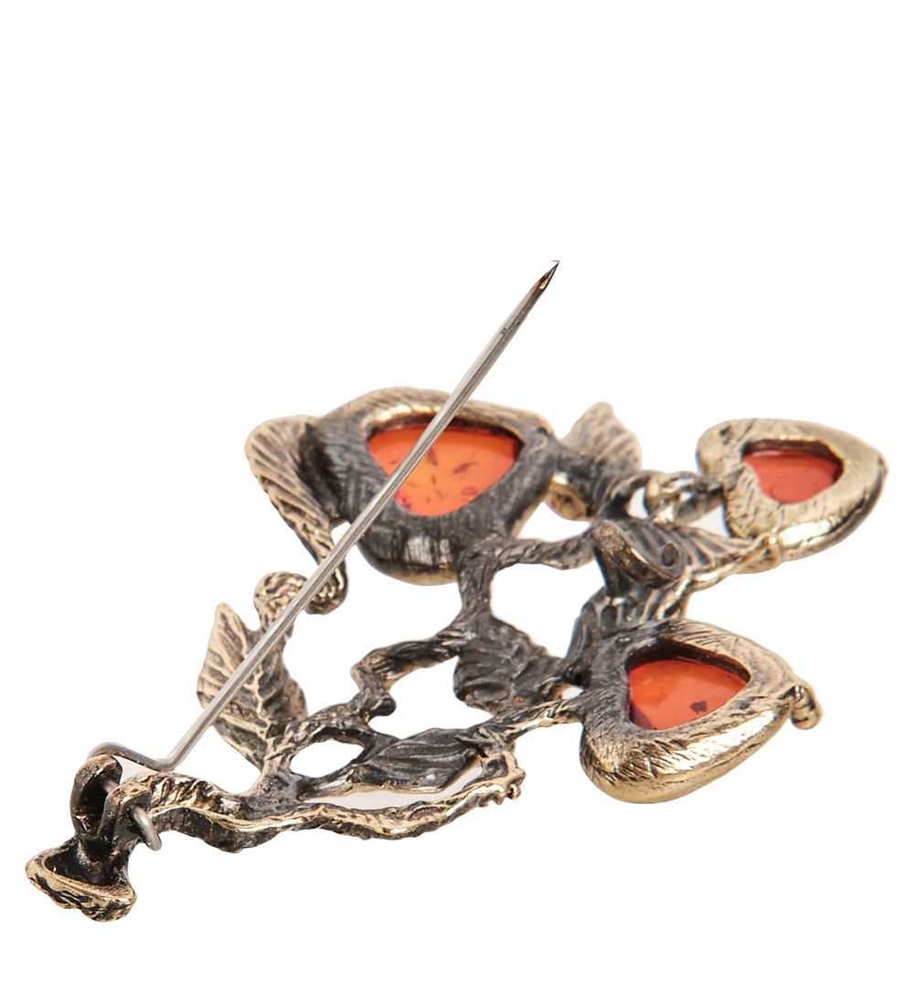 AM-1647 Брошь «Яблочки на ветке» (латунь, янтарь)