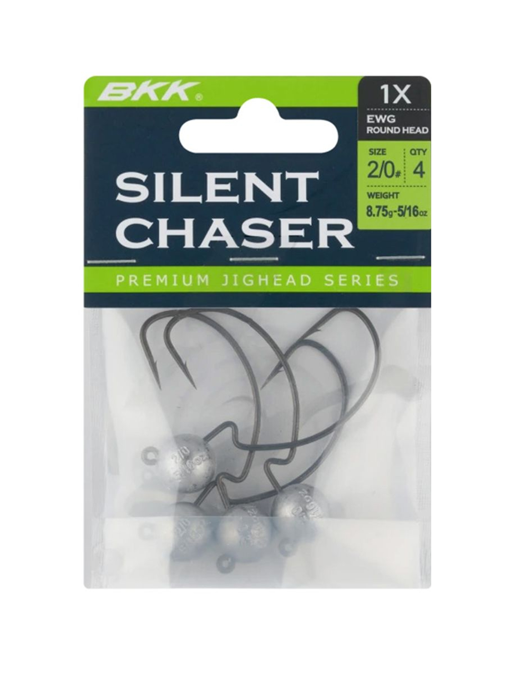 Джиг-головка для рыбалки BKK на офсетном крючке Silent Chaser - 1X - EWG Round Head, размер крючка 2/0, вес 8,75г, 4 шт.