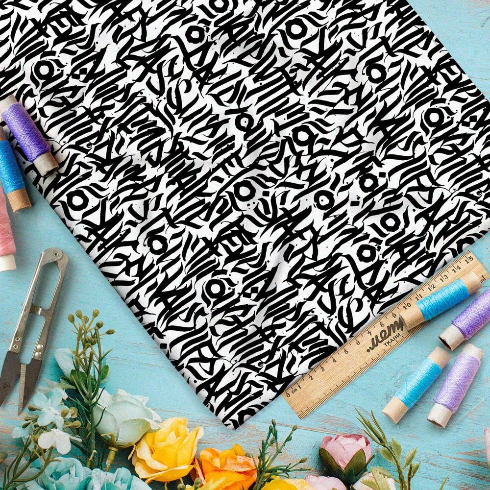 Ткань премиум сатин черно-белая абстракция