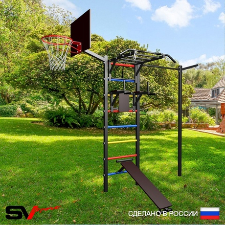 Уличная шведская стенка Sv Sport с комплектом турник прямой У464К (Турник-Рукоход/Брусья/Скамья/Кронш бокс/Щит баскет)