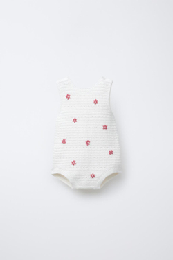 ZARA ТРИКОТАЖНЫЙ КОМБИНЕЗОН С ЦВЕТОЧНОЙ ВЫШИВКОЙ, ЭКРЮ