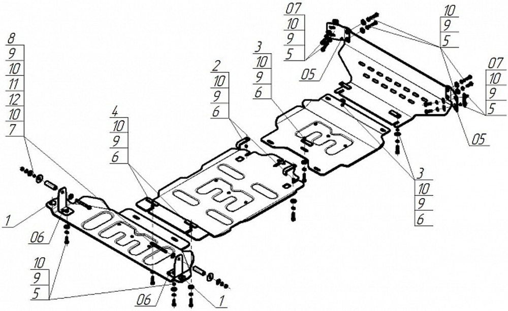 Защита алюминиевая 5 мм Р,Д,ПДф,КПП,РК для Dodge Ram 1500;V=3,0; с 2024 (акт. спойлер) Motodor.32913