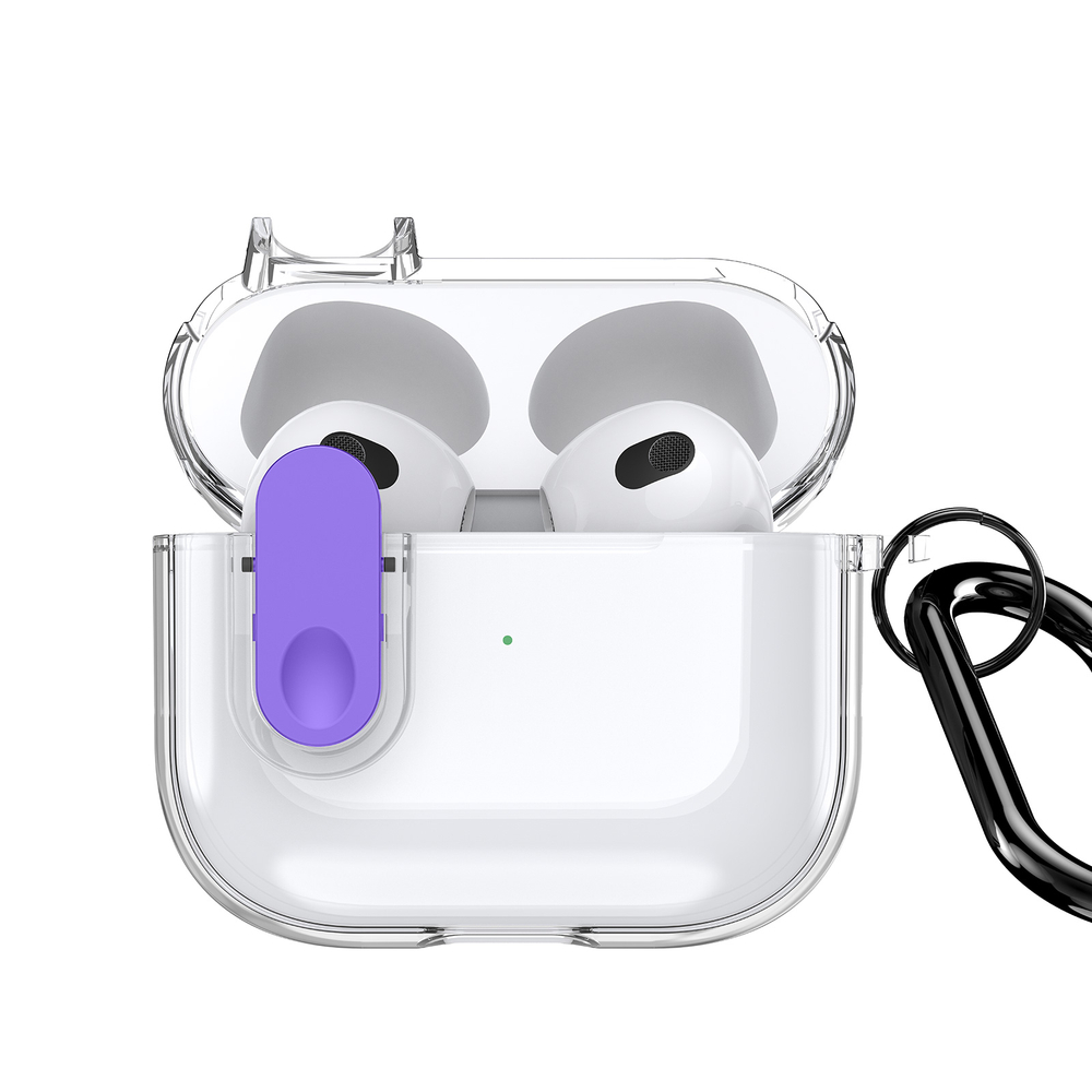 Прозрачный чехол с фиолетовой кнопкой для наушников AirPods 3, серия PECL Series от Dux Ducis, в комплекте с карабином