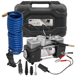 Компрессор автомобильный поршневой двухцилиндровый с аналоговым манометром и встроенным фонарем (12В, 20А, 65л/мин, 7бар) в пласт.кейсе Scheppach Sch-2014360