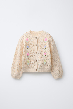 ZARA ТРИКОТАЖНЫЙ КАРДИГАН С ВЫШИТЫМИ ЦВЕТАМИ, ЭКРЮ